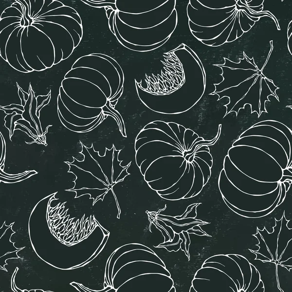 Black Board. Patrón sin costura sin fin de calabaza. Mitad de calabazas naranjas enteras, colección de cosecha vegetal de otoño de flores. Ilustración vectorial realista dibujada a mano de alta calidad. Estilo Doodle . — Archivo Imágenes Vectoriales