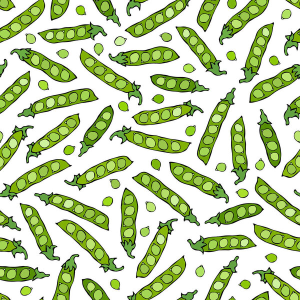 Seamless Endless Pattern of Green Peas and Peeled Pea Pod. Healthy Bio Vegetarian Food. Realistic Hand Drawn High Quality Vector Illustration. Doodle Style.