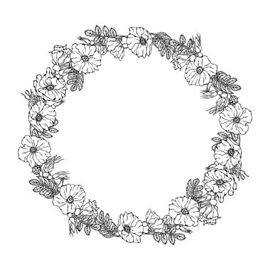 Wild Roses 'la Yuvarlak Çerçeve. Yaz Çiçekleri Tebrik Kartı ya da Düğün Arkaplanı. El Çizimi İllüstrasyonu. Doodle Biçimi.