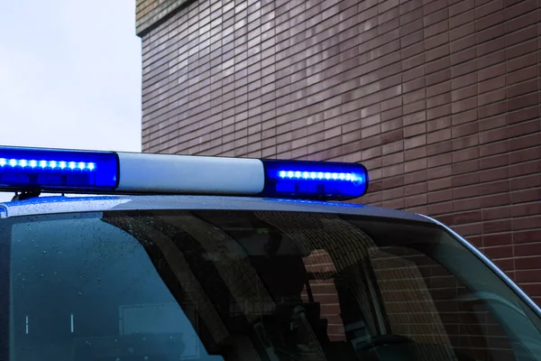 Rendőrségi Autó Neki Flashers Kék Közeli Kép — Stock Fotó
