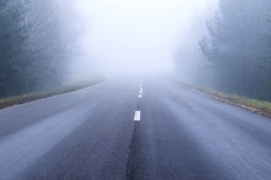 yol işaretleri ve çizgiler. Sis yolun bölümü kapsar. çok uzun mesafeler için seyahat. Doğal manzara otoyol. İşte tonirovka, yumuşak ışık.