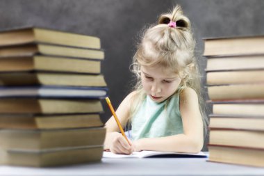 Kız öğrenci, bir yığın kitap ve bir kalem ile sarışın kız bir defterde yazar. Orada tonlama.
