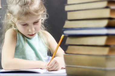 Kız öğrenci, bir yığın kitap ve bir kalem ile sarışın kız bir defterde yazar. Orada tonlama.