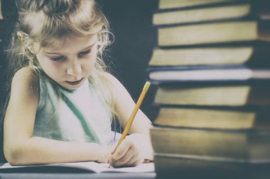 Kız öğrenci, bir yığın kitap ve bir kalem ile sarışın kız bir defterde yazar. Orada tonlama.