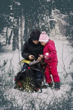 Kışın soğuk, kar yağıyor. Kız ve kızıyla bir pusula ve kilometre sayacı elinde yol açıyor. tonlama var. Kızlar ormanda seyahat.