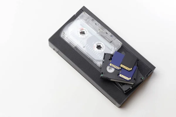 Vídeo Grande Pequeno Cartão Memória Para Gravar Vídeo Conceito Tecnologia — Fotografia de Stock