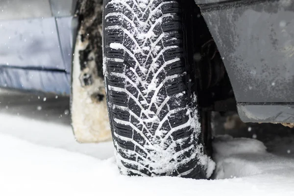 Winter Snowing Car Wheel Winter Tires Close Have Toning — Stock Photo, Image