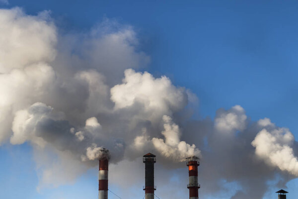 winter cold there is heating in residential buildings. industrial pipe. smoke comes from it.