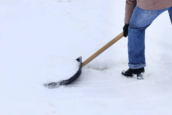 Winter Lot Snow Young Girl Cleans Proud Doing Big Shovel — Stock Photo, Image