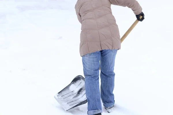 Winter Lot Snow Young Girl Cleans Proud Doing Big Shovel — Stock Photo, Image
