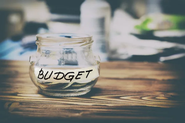 Budget Glass Jar Coins Inscription Budget Wooden Background Old Style — Stock Photo, Image