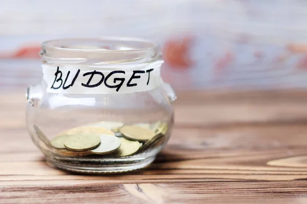 Budget Glass Jar Coins Inscription Budget Wooden Background Old Style — Stock Photo, Image