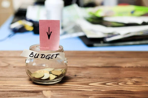 Budget Glass Jar Coins Inscription Budget Wooden Background Old Style — Stock Photo, Image