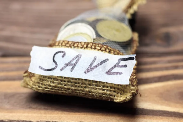 Bag Drawstring Coins Inscription Concept Conservation Accretion — Stock Photo, Image