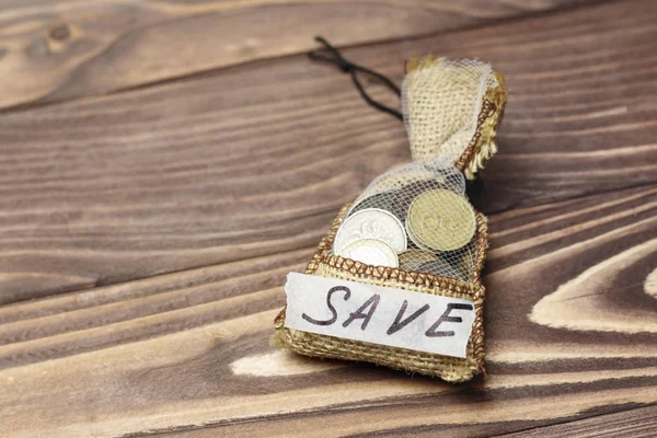 Borsa Con Coulisse Sono Delle Monete Dentro Iscrizione Salva Concetto — Foto Stock