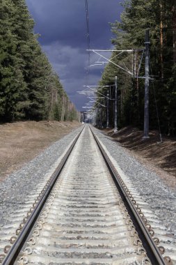 Tren. raylar ormanın git. bulutlar gökyüzünde. Tonlama var