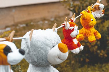 Gün ışığı. yumuşak çocuk oyuncakları asılı bir çamaşır ipi üzerinde. onlar bir clothespin ile sabittir.