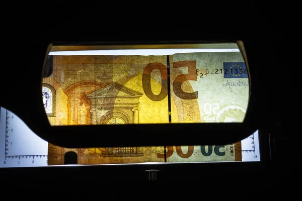 Banknote of 50 euros. authentication. close-up. there is tinting — Stock Photo, Image