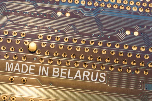 Close-up. motherboard in blue. the inscription is made in Belarus. — Stock Photo, Image