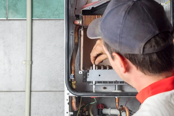 Master Sets Gas Boiler Which Weighs Wall Front Dashboard Open — Stock Photo, Image