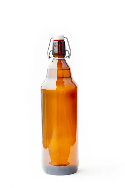 Dark Lighting Glass Bottle Close Has Reusable Cork Made Metal — Stock Photo, Image