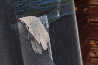 quito ağı örnekleri. Açık havada. Ürünlerin pencereye monte edileceği masaüstü. Arka planda eski bordo renk tarzında ahşap bir arkaplan.