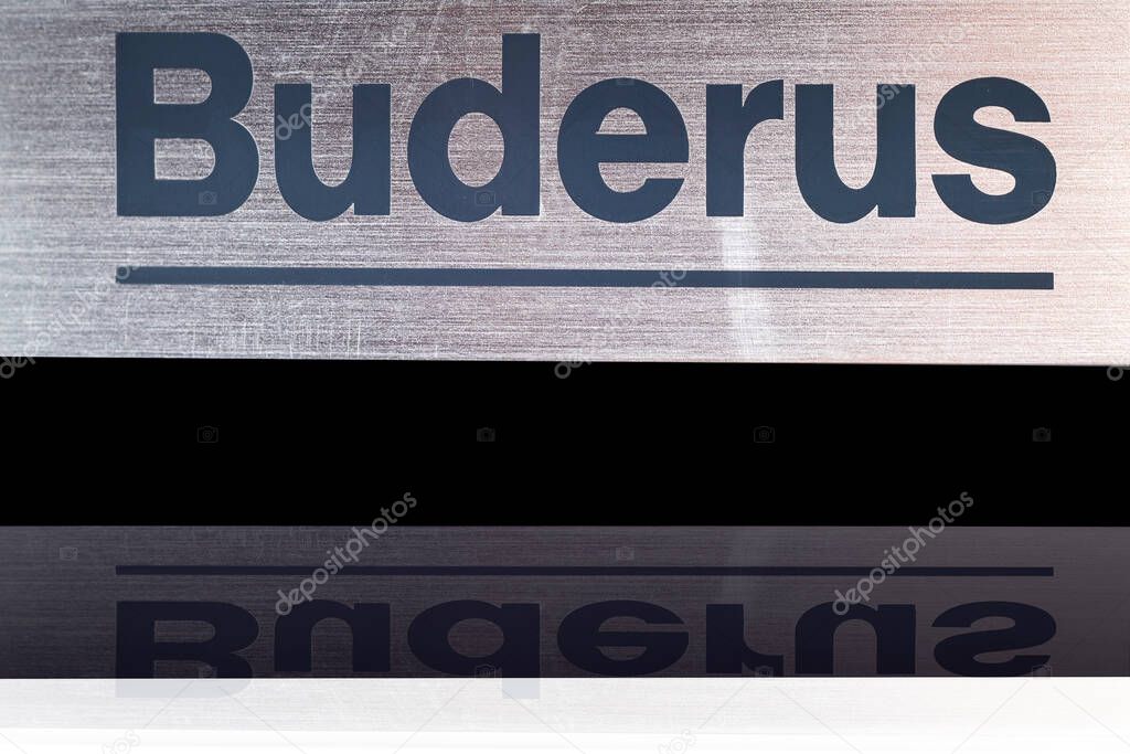 Minsk, Belarus, August 31, 2020 Buderus lettering Metallic letters Macro