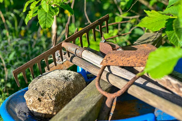 Rastrillo viejo y otras herramientas de jardinería en un jardín — Foto de Stock