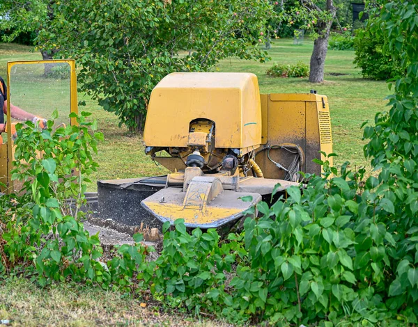 Big yellow stump grinder in lilac hedge — Stock Photo, Image