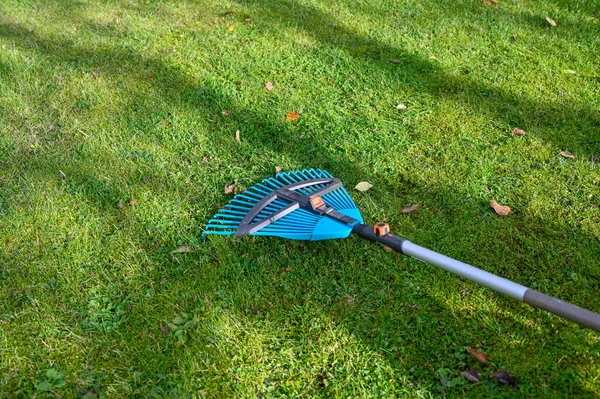 Râteau dans le jardin ratissage des feuilles en automne — Photo