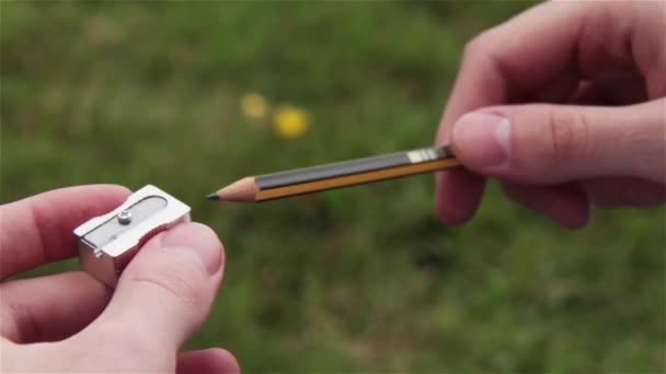 用卷笔刀削铅笔的男性手 — 图库视频影像