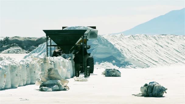 Bulldozer Trabalhar Salt Flat Extração Sal Produção Sal Indústria Lítio — Vídeo de Stock