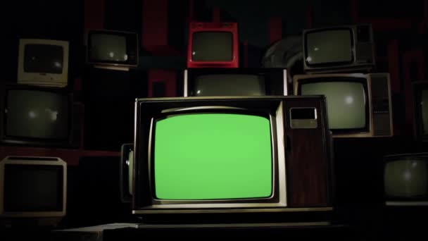 Vintage Green Screen Many 1980S Tvs Ready Replace Green Screen — Stock Video