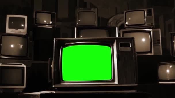 Vintage Fernseher Mit Grünem Bildschirm Sepia Schuss Bereit Green Screen — Stockvideo