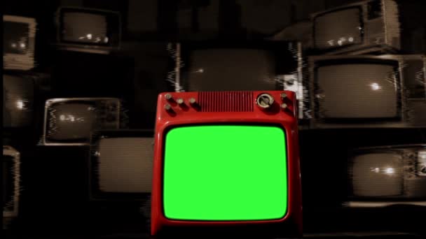 多くテレビ悪い信号の真ん中に古い赤緑テレビ画面 セピア色のトーン — ストック動画
