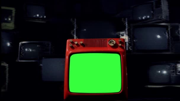 Old Red Green Screen Middle Many Tvs Bad Signal Background — Stock Video