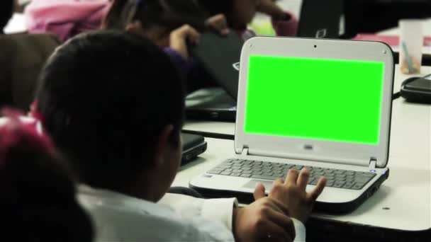 Estudiante Trabajando Con Computadora Con Pantalla Verde Listo Para Reemplazar — Vídeo de stock