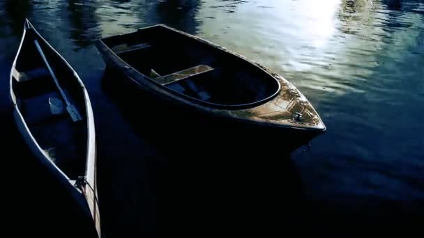 Barcos Remos Amarrados Lago Atardecer Tono Acero Azul — Vídeo de stock