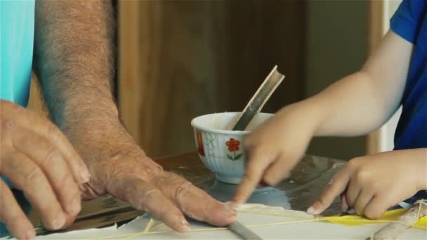 Father Making Kite Together His Son — Stock Video