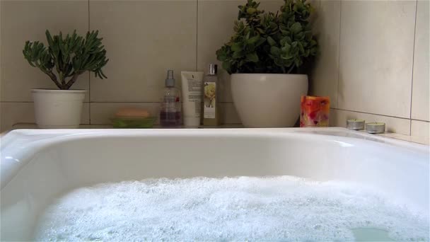 Elderly Woman Preparing Bubble Bath Close — Stock Video