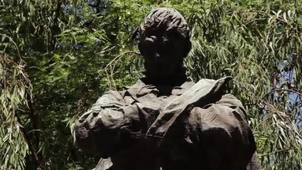 Χάλκινο Άγαλμα Ενός Ανθρώπου Σταυρωτά Όπλα — Αρχείο Βίντεο
