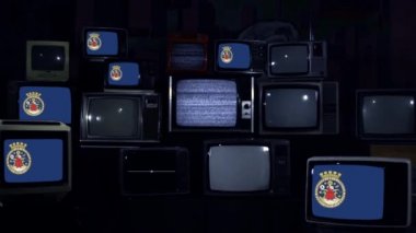 Oslo Bayrakları ve Retro TV 'ler. Mavi Koyu Ton. Yakınlaştır.