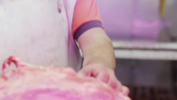 白い保護手袋の肉屋の手のクローズアップ生肉を切断 — ストック動画