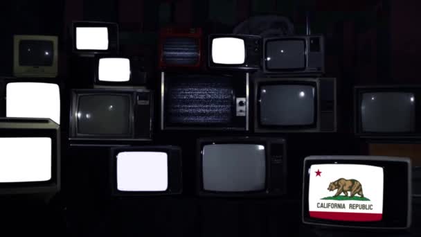 Vlag Van Californië Vintage Televisies Blauwe Donkere Toon Inzoomen — Stockvideo