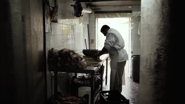 Butcher Wearing Apron Preparing Matambre Relleno Argentinan Stuffed Flank Steak — Vídeo de stock