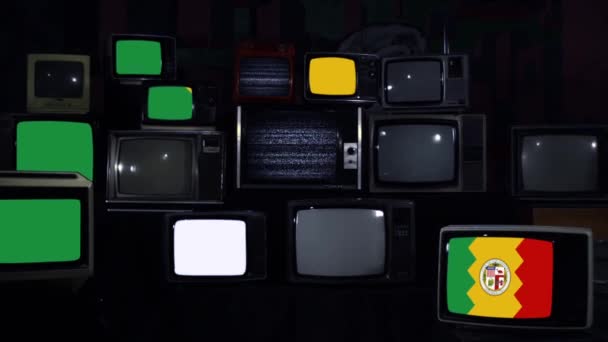 Bandera Los Ángeles Televisores Retro Tono Azul Oscuro Zoom Tiro — Vídeo de stock