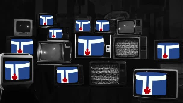 Flags Toronto Ontario Canada Retro Televisions Black White Tone — Stock Video