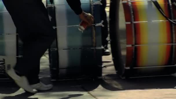 Musician Throwing Beer Drums Offering Pachamama Playing Bolivia Low Angle — Stock Video