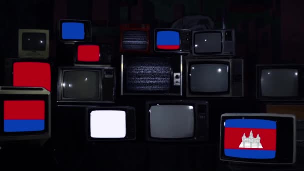Kambodschanische Flagge Und Fernseher Retro Stil Der 80Er Jahre Blauer — Stockvideo