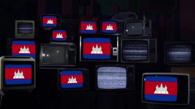 Kamboçya bayrakları ve Retro 80 'lerin televizyonları. Mavi Koyu Ton.  